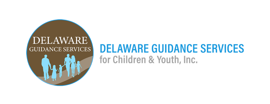 Delaware Guidance Services logo on a blue banner featuring a brown circle with a family silhouettes motif in light blue.