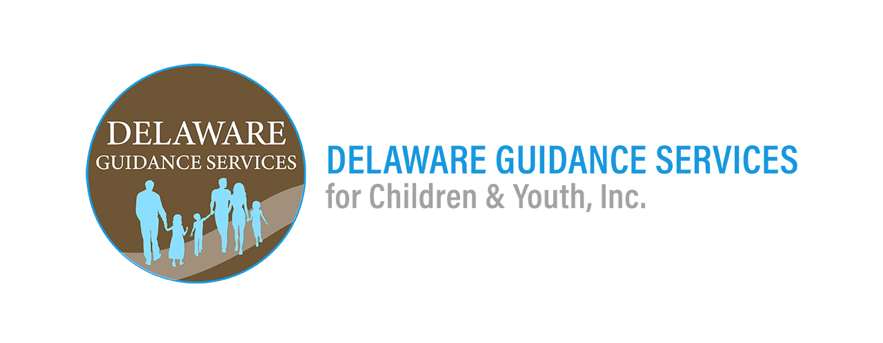 Delaware Guidance Services logo on a blue banner featuring a brown circle with a family silhouettes motif in light blue.