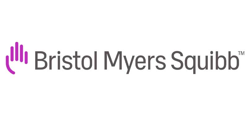 Bristol Myers Squibb corporate logo with a purple abstract mark to the left.